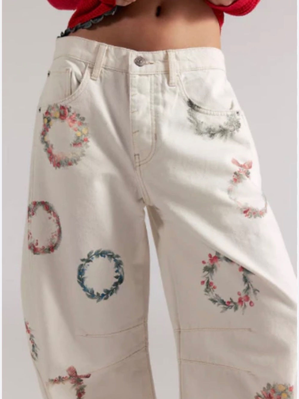 NWT Free People Barrel Watercolor Wreath Button Fly Jeans, Size 31